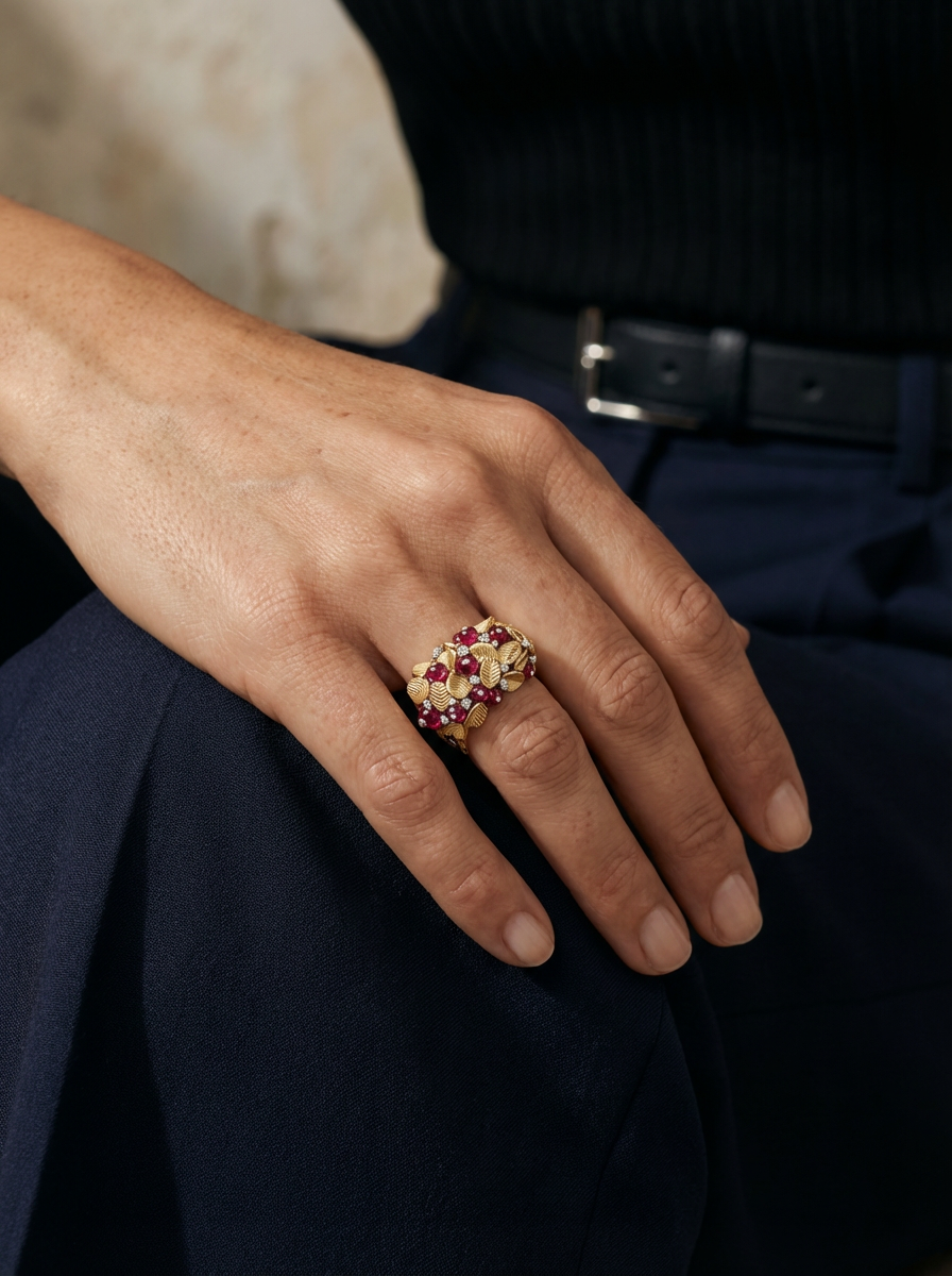 AI-generated jewelry editorial photography sample created with REFINA